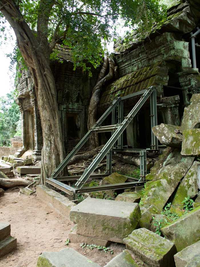 Support beams are used to prevent sections of the temple from falling
